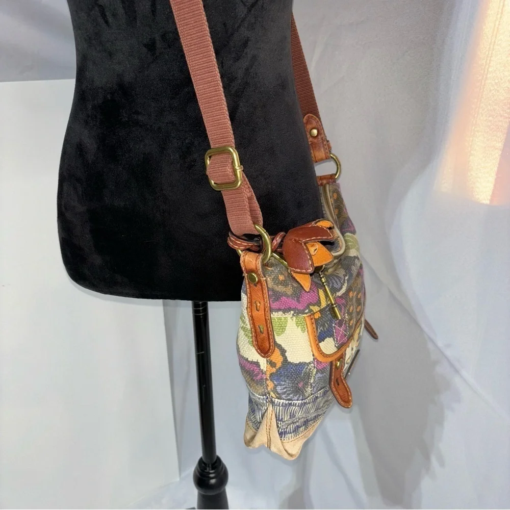FOSSIL Vtg Boho Floral Canvas Suede Leather Crossbody Shoulder Bag - Picture 7 of 14
